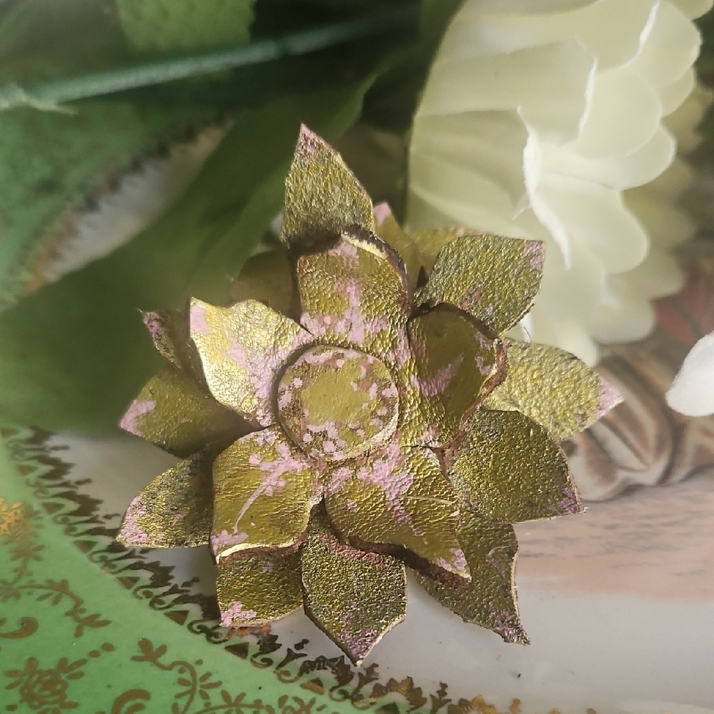 Hand Crafted Genuine Leather Gold and Pink Floral Dog Collar Accessory NEW